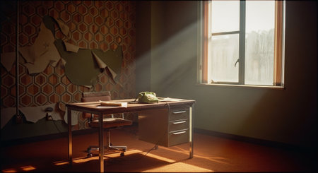 The interior of a room with a wooden desk and a window.の素材