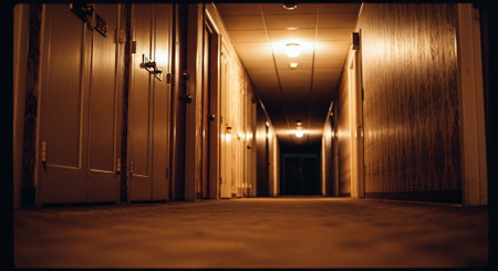 Long corridor with lights in a dark room. Long corridor in a dark room.の素材