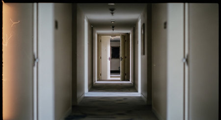 Light at the end of the corridor in a dark room. 3d renderingの素材