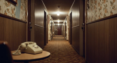 A long corridor in a hotel with a telephone in the foreground.の素材
