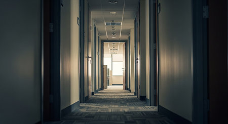 Long corridor in a modern office building, wide angle view with perspectiveの素材