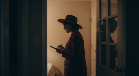 Young woman in hat and coat using smartphone at home in the eveningの素材