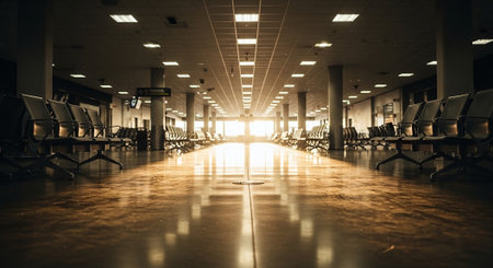 Empty airport terminal with row of chairs. Long exposure. Toned.の素材