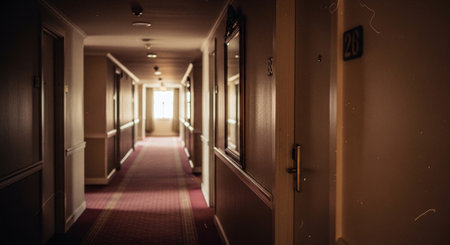 Interior of a hotel corridor with a long corridor and a doorの素材