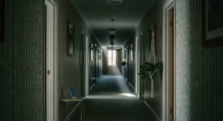 Interior of a hotel corridor with light from the window, 3d renderの素材