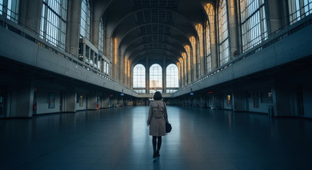A young woman in a trench coat is walking in an empty hall.の素材