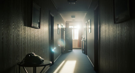 Interior of a hospital corridor with light coming from the window.の素材