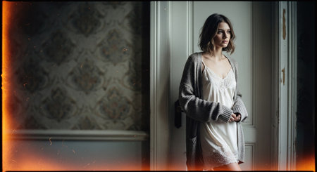 Portrait of a beautiful woman in the interior of the room.の素材