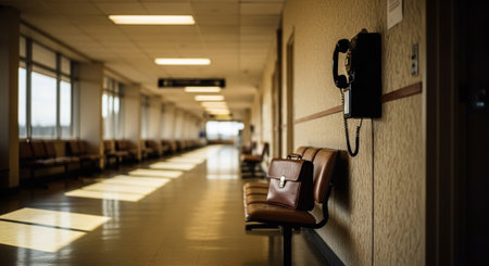 Interior of an airport waiting room with a chair and a telephoneの素材