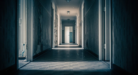 Interior of a corridor in a hospital. Long corridor with light.の素材