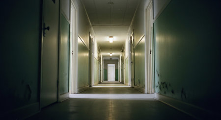 Long corridor in a hospital. Nobody inside. Blurred background.の素材