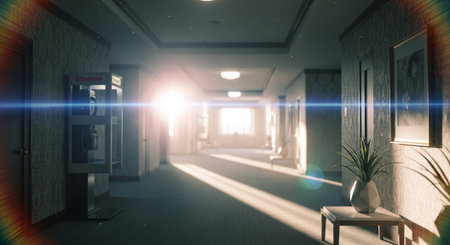 3D render of a corridor in a hospital or clinic with lights and shadowsの素材