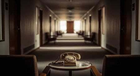 Old telephone in the corridor of a hotel room. 3d renderingの素材