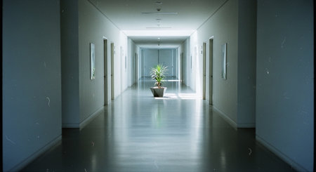 Interior of a hospital corridor with a plant in a pot.の素材