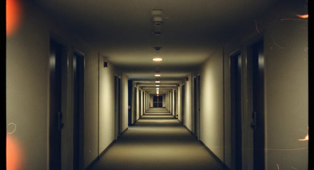 A long corridor in a hospital with light coming through the window.の素材