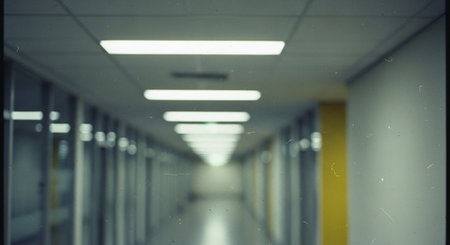 Blurred image of a corridor in a modern office building. Backgroundの素材