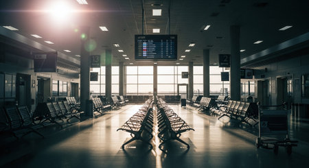 Interior of an airport terminal with rows of chairs and a flight information boardの素材