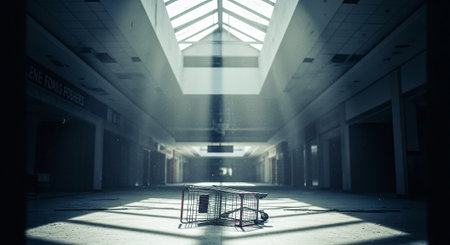 Empty shopping cart in the warehouse. 3d render. Abstract background.の素材