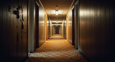 Interior of a corridor in a hotel. Long corridor with lightの素材