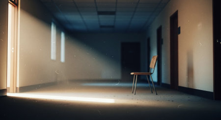 3d render of an empty room with a chair on the floorの素材