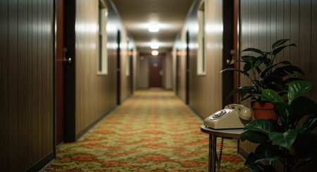 Interior of a hotel corridor with a telephone and a flowerpotの素材