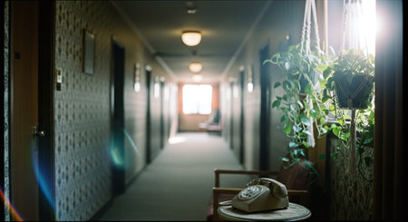 Telephone in hotel corridor, vintage retro style, shallow depth of fieldの素材