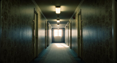 Interior of a hotel corridor with light coming from the window.の素材