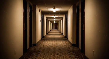Long corridor in a modern office building with a long corridor in the middleの素材
