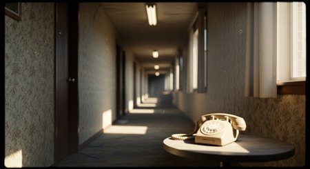 Vintage telephone in a corridor of an office building, retro styleの素材