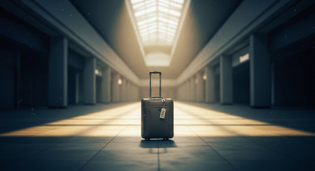 Suitcase in airport corridor. Travel and tourism concept. 3D Renderingの素材