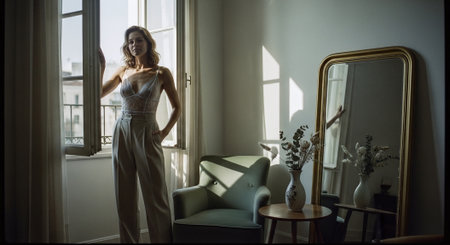 Beautiful woman in the morning at home in the light of the windowの素材