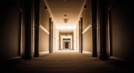 A long corridor in a hotel. 3d rendering, 3d illustration.の素材
