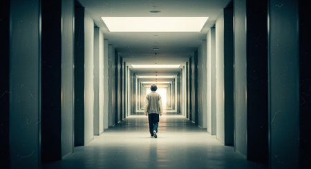 Man walking in a dark corridor with light coming from the end.の素材