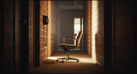 Office chair in the corridor at night. Business concept. 3D Renderingの素材