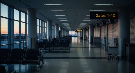 Interior of an airport terminal at sunset. 3d rendering.の素材
