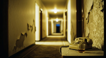 Old telephone in the corridor of a hotel. Blurred background.の素材