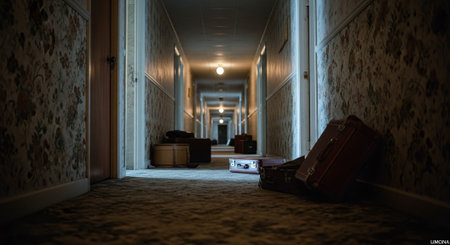 3D rendering of an old suitcase in an abandoned hotel corridor.の素材