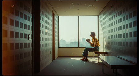 Young woman sitting on bench in office and drinking coffee. Mixed mediaの素材