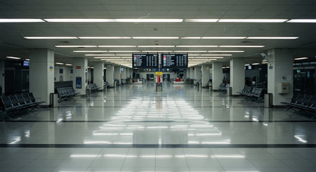 Interior of an airport terminal, view of the corridor and the seatsの素材
