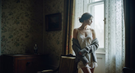 Portrait of a beautiful young woman in a room with a windowの素材