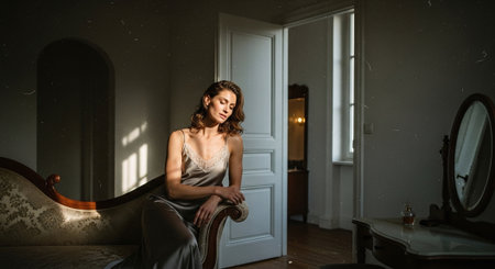 Portrait of a beautiful brunette woman in a luxurious evening dress.の素材