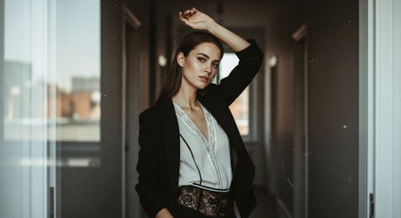 Beautiful young woman in a black jacket with a white blouse and a black skirt posing near the windowの素材