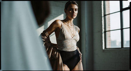 Portrait of a beautiful young woman in lingerie in the roomの素材