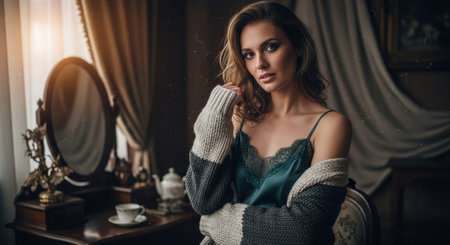 Beautiful sexy lady in elegant blue lingerie. Portrait of fashion model girl indoorsの素材