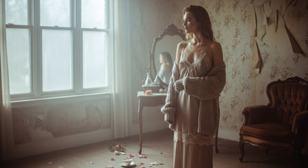 Beautiful young woman in a long dress in the interior of the roomの素材