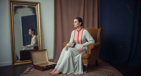 Portrait of a beautiful young woman sitting in an armchair and looking at the mirrorの素材