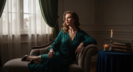 Portrait of a beautiful woman in a green dress in the interiorの素材