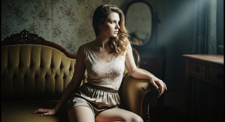Beautiful young woman sitting on a chair in a vintage interior.の素材