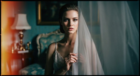Portrait of beautiful bride with makeup and hairstyle in luxury interiorの素材