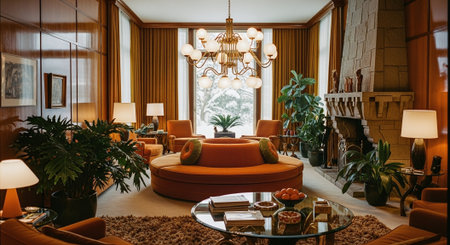 Luxury living room interior with sofa, armchairs, coffee table, books and plantsの素材